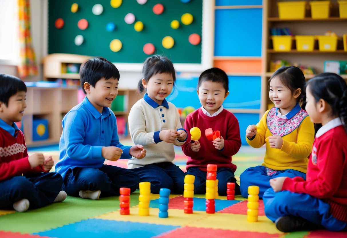 Um grupo de crianças de 5 anos brincando de jogos tradicionais em um ambiente de sala de aula colorido e divertido