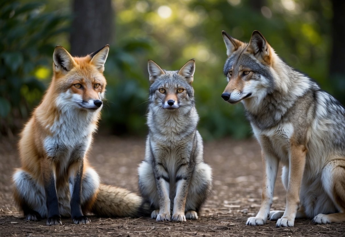 A fox, a cat, and a wolf sitting together in a circle, each looking contemplative with their unique expressions