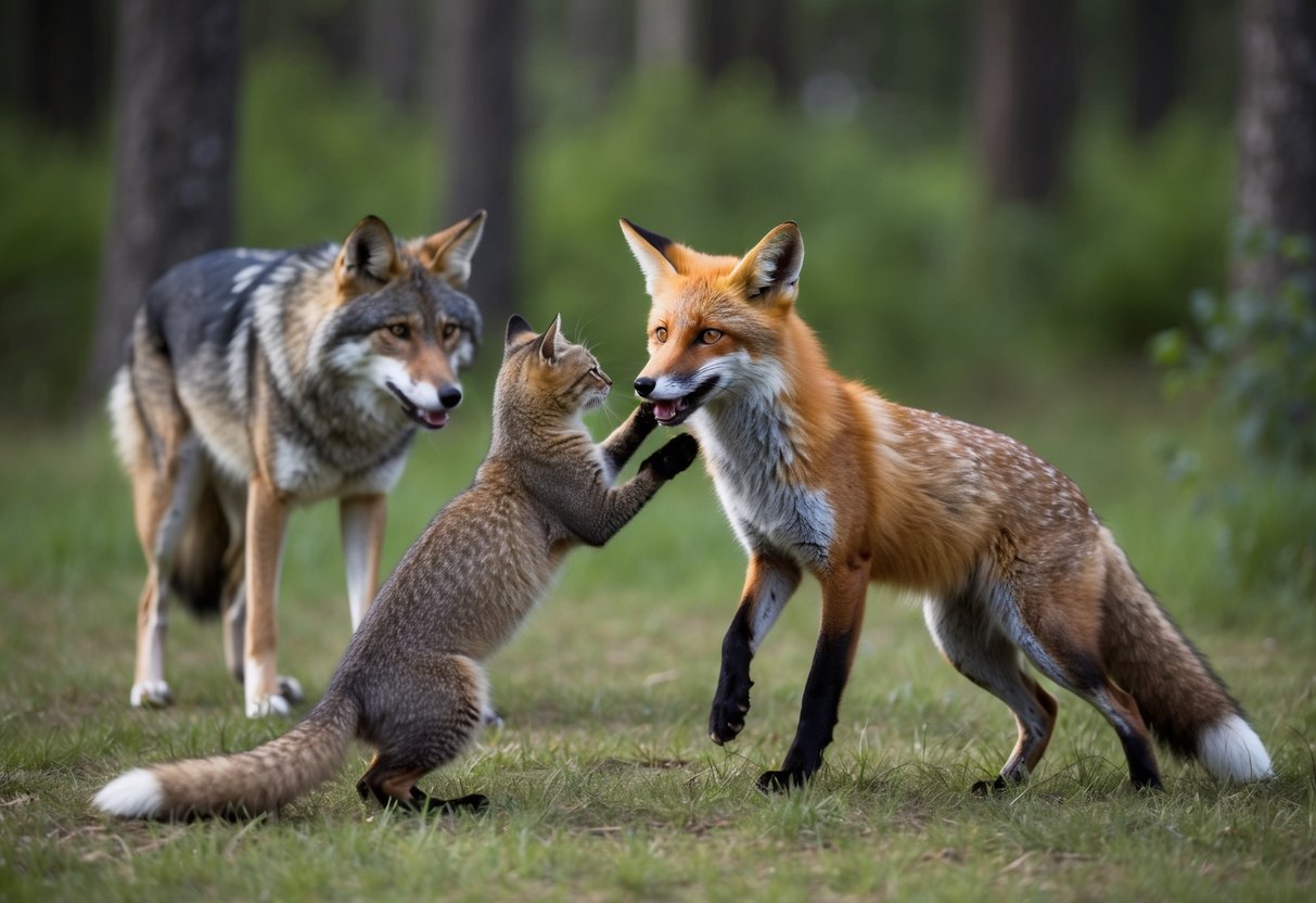 A fox and a cat playfully interact while a wolf observes from a distance in a natural forest setting