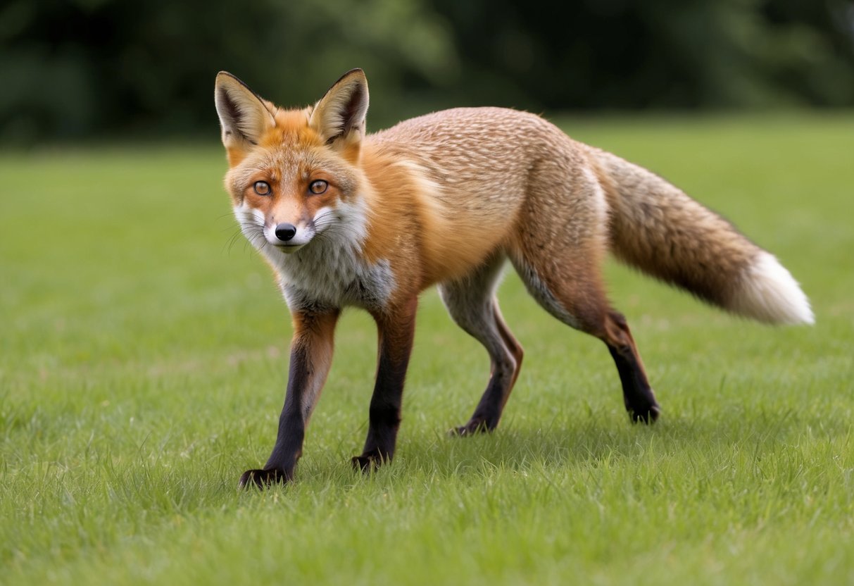 A red fox prowls through a lush English countryside, its sharp eyes and pointed ears alert for potential prey