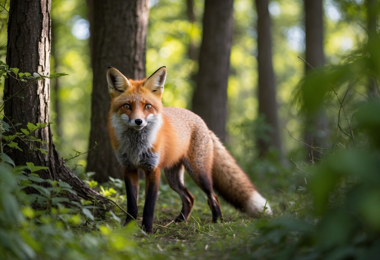 A red fox emerges from a dense thicket, its sleek fur glinting in the dappled sunlight filtering through the trees. It pauses, alert and cautious, before disappearing into the underbrush