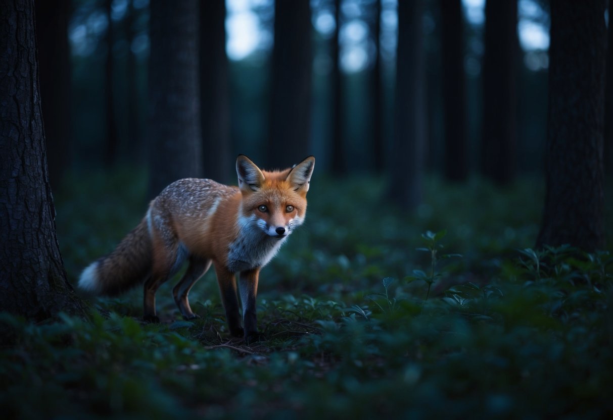 A dense forest at dusk, with a lone fox cautiously emerging from the shadows, its sleek fur blending into the undergrowth