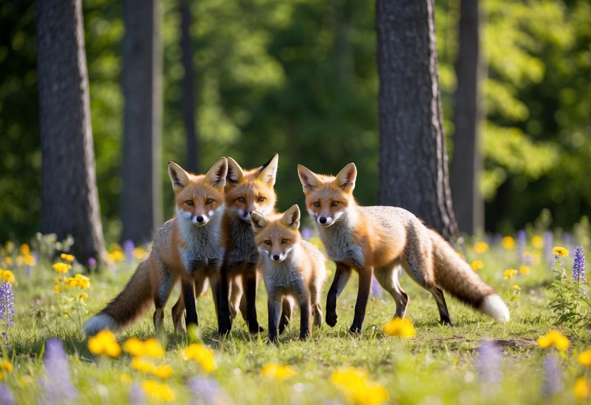 A family of foxes playing together in a sunlit forest clearing, surrounded by colorful wildflowers and tall trees