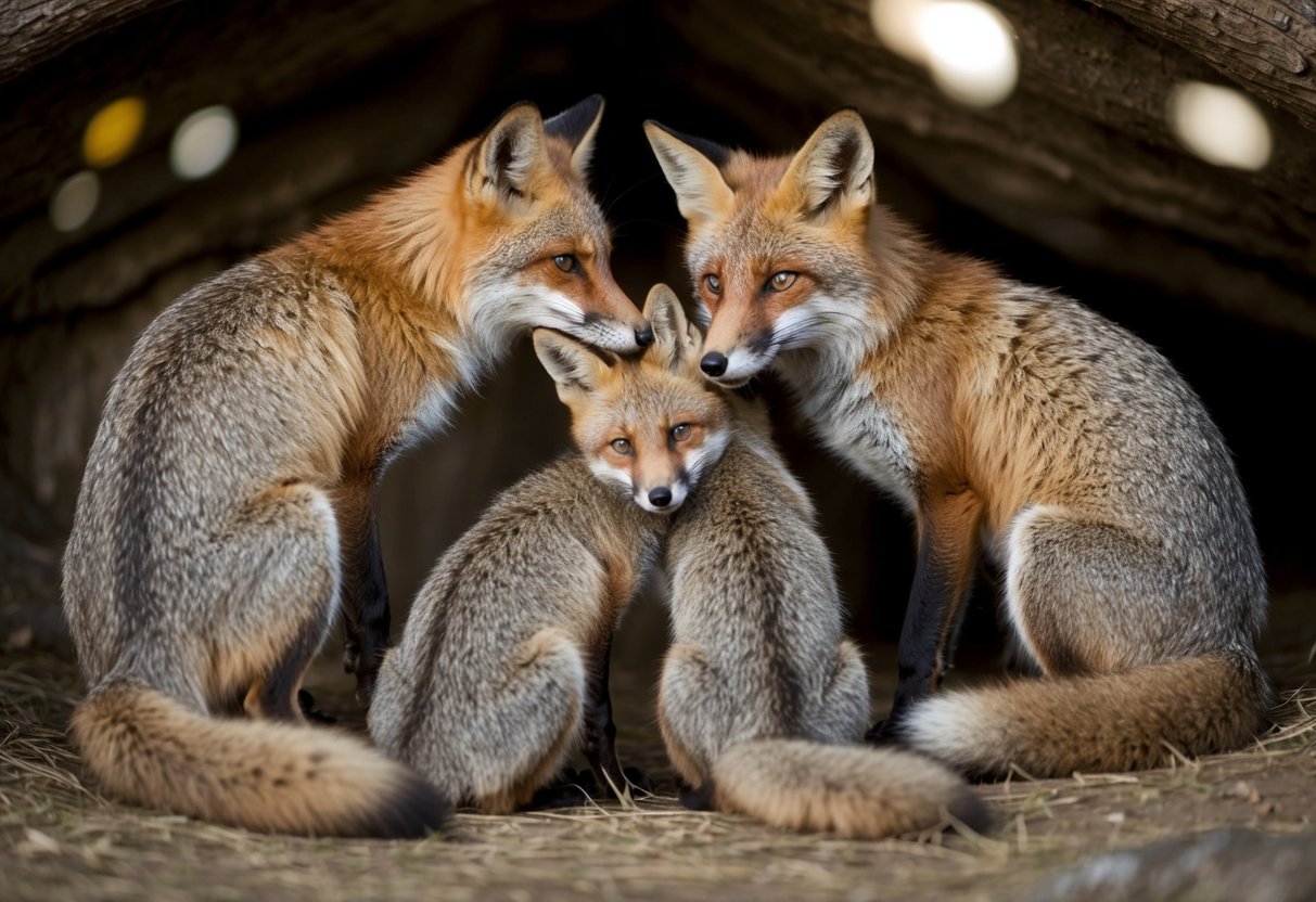 A family of foxes grooming each other in their den, displaying social bonds and affection