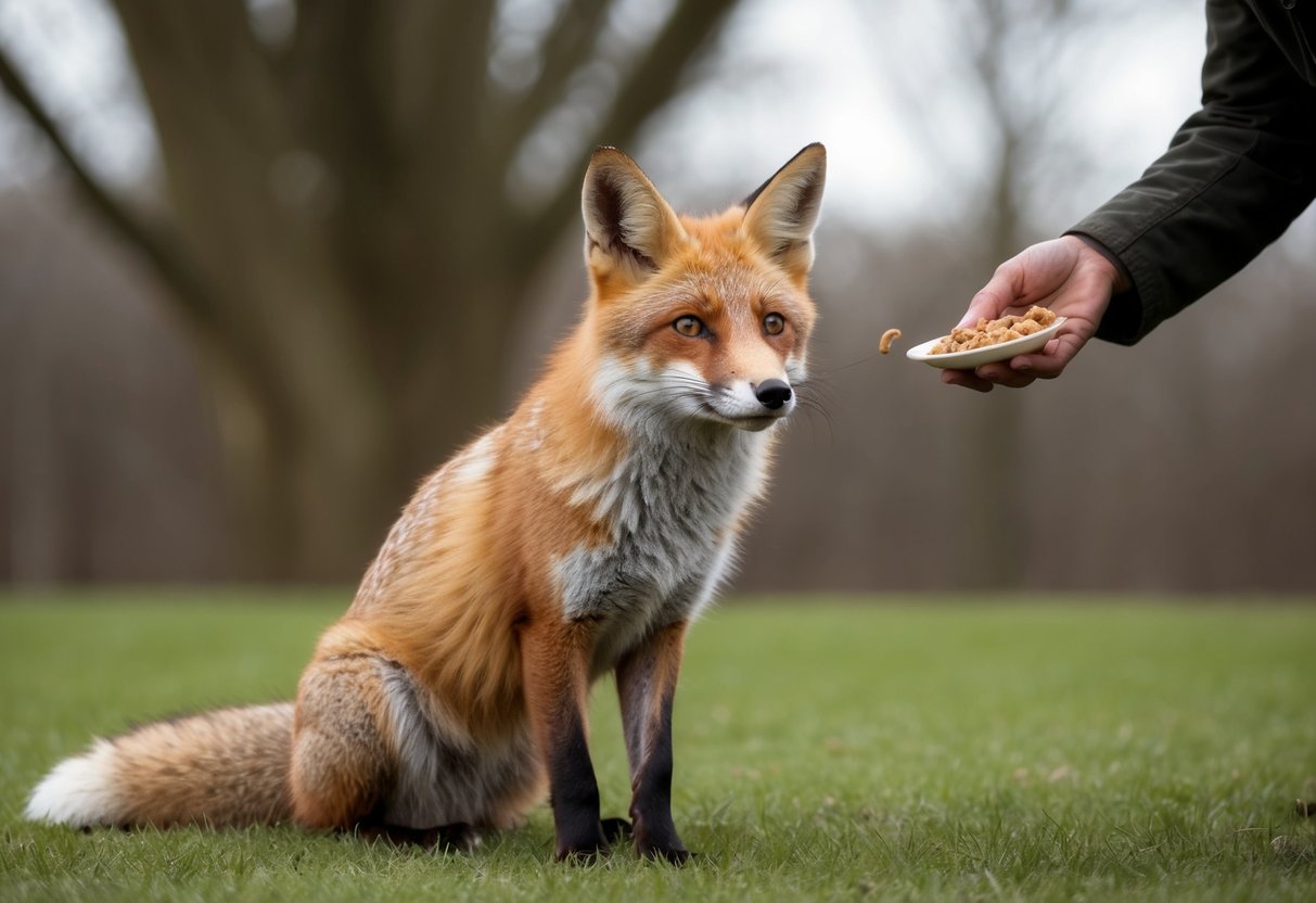 A fox sits calmly, its ears perked up, as a person offers it food from a distance
