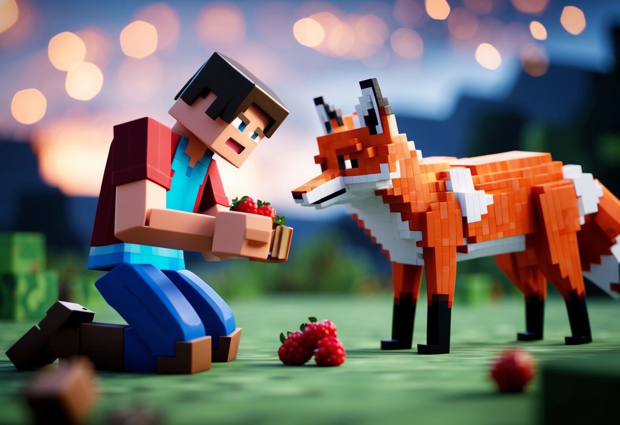 A player offers sweet berries to a wild fox in Minecraft, slowly gaining its trust and taming it to become their loyal companion