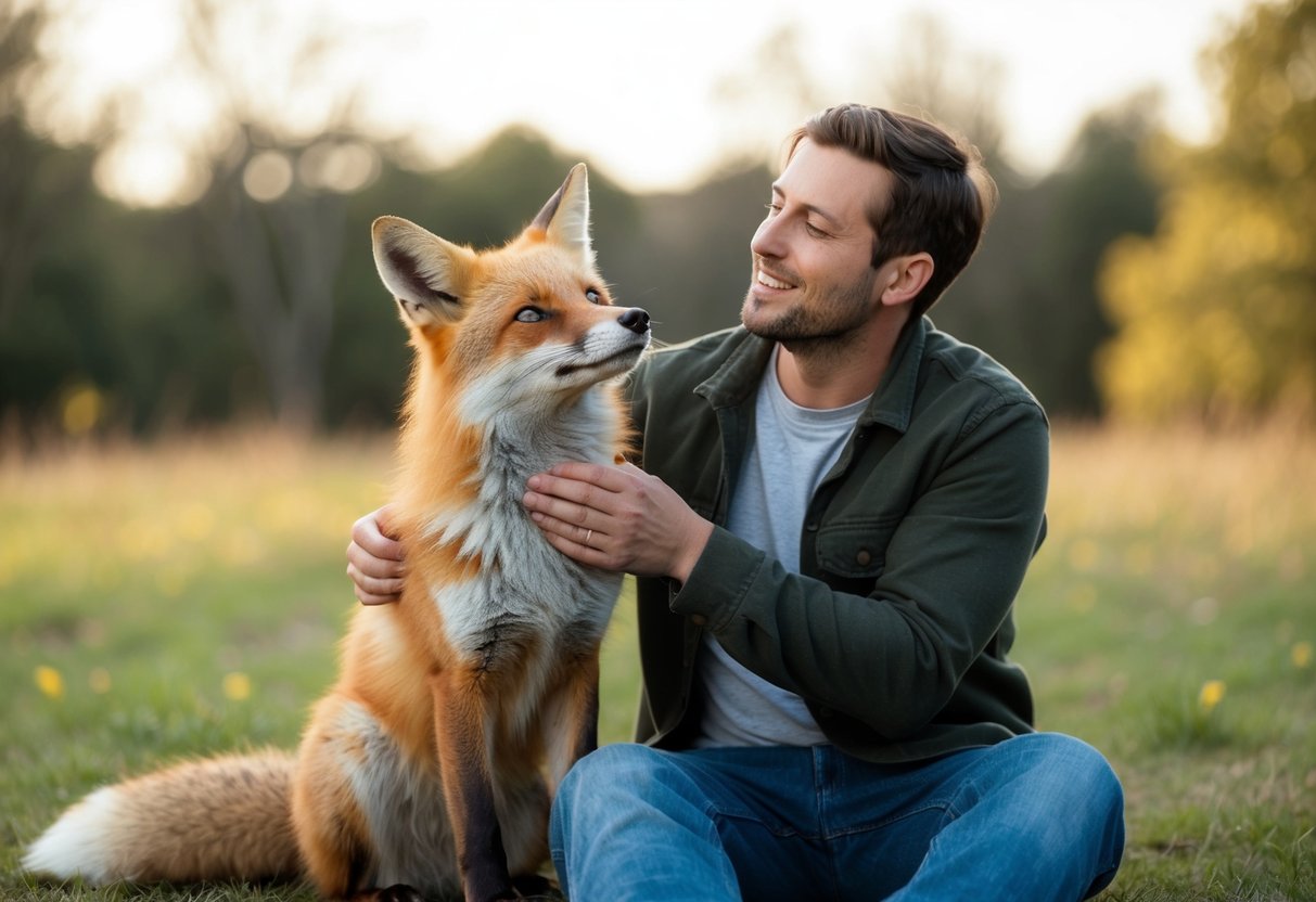 A tamed fox sitting next to its owner, wagging its tail and looking up with adoration