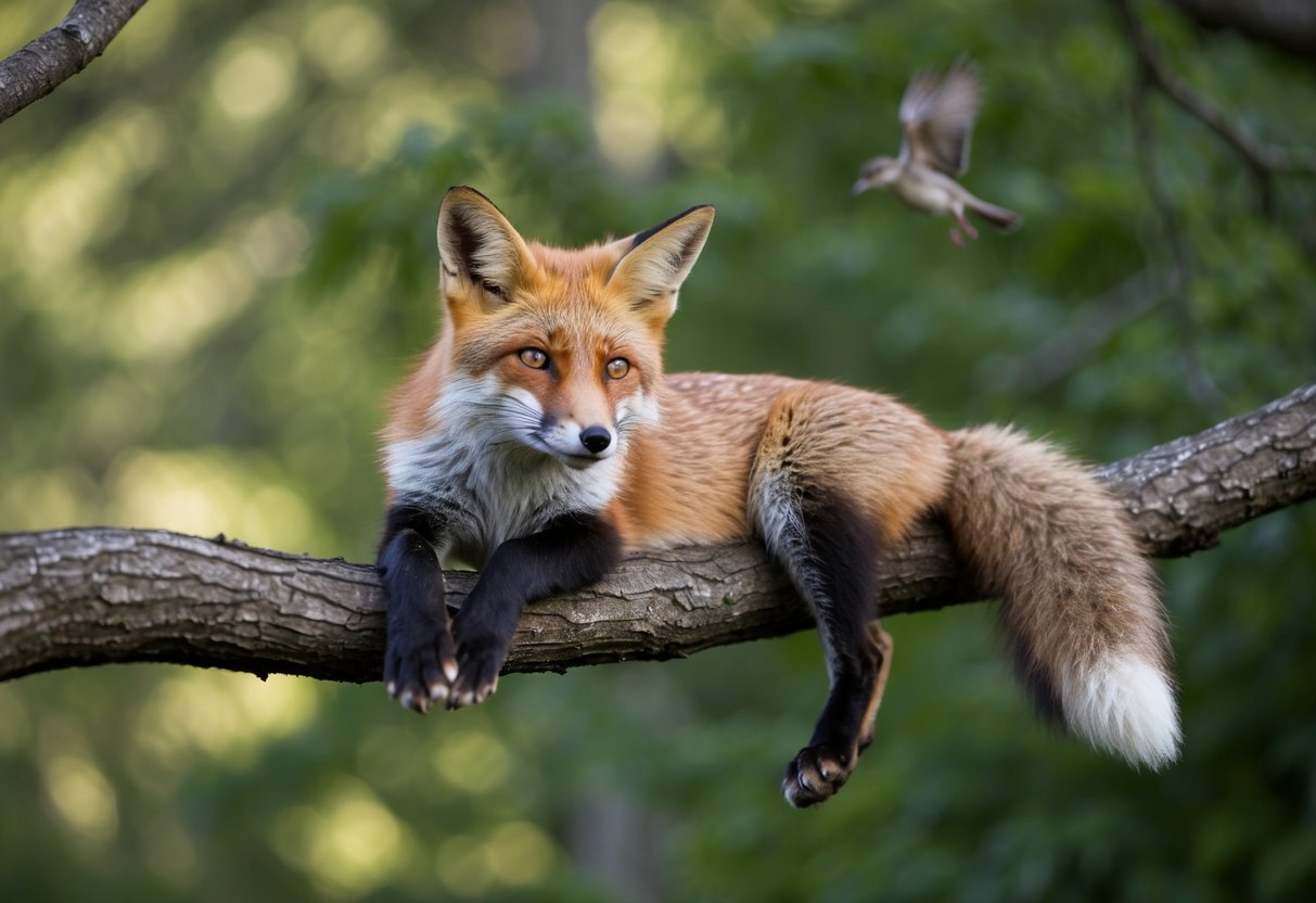 A fox lounges on a tree branch, stretching and grooming its fur like a cat. Its eyes narrow as it watches a bird flit by
