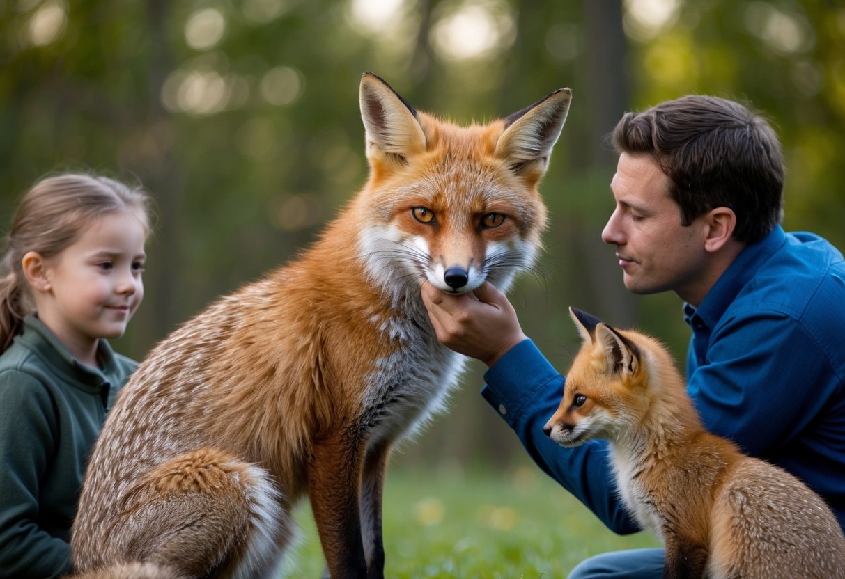 A fox grooming itself, resembling a cat, while surrounded by a family group