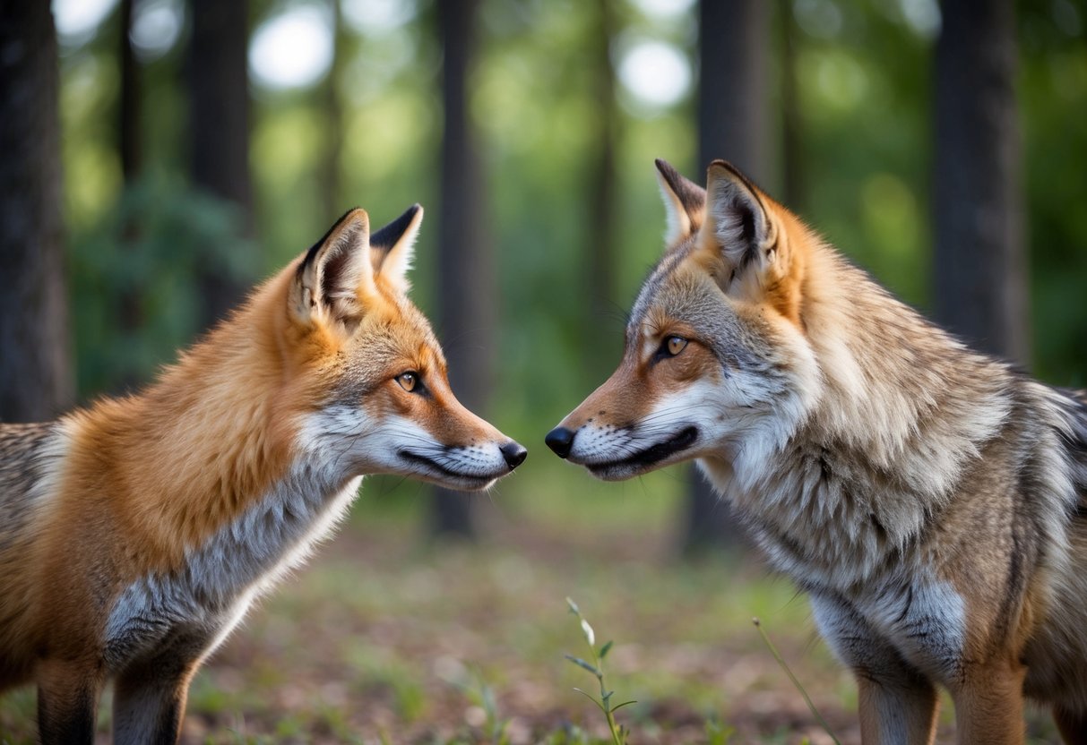 A fox and a wolf face off in a forest clearing, each eyeing the other with a sly and calculating gaze