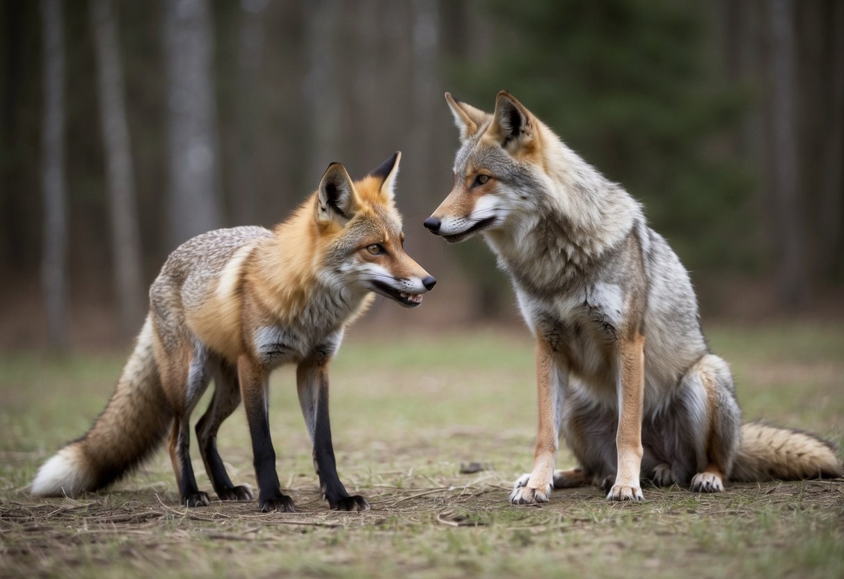 A fox slyly outsmarts a wolf in a game of wits, using its cunning to outmaneuver the larger predator in a forest clearing