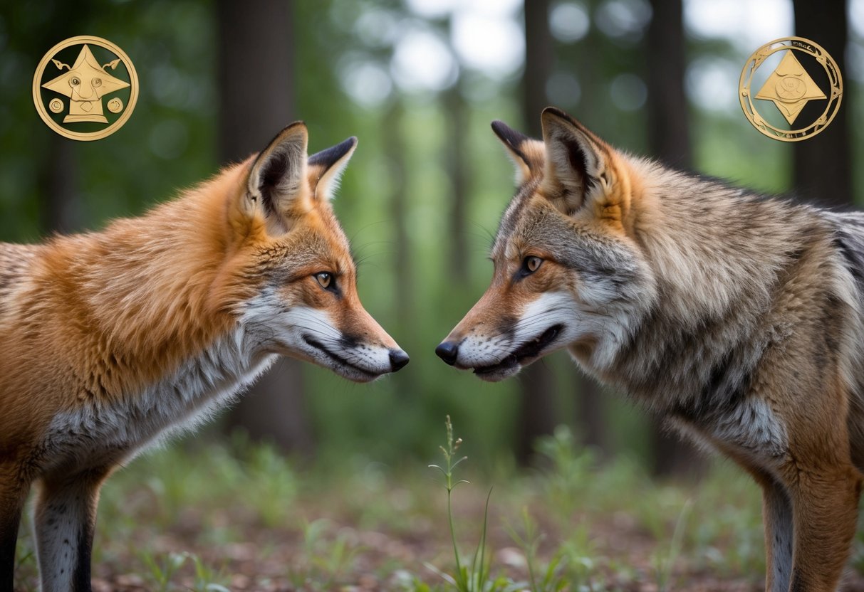 A fox and a wolf face off in a forest clearing, each with a sly and calculating expression, surrounded by symbols of their cultural significance