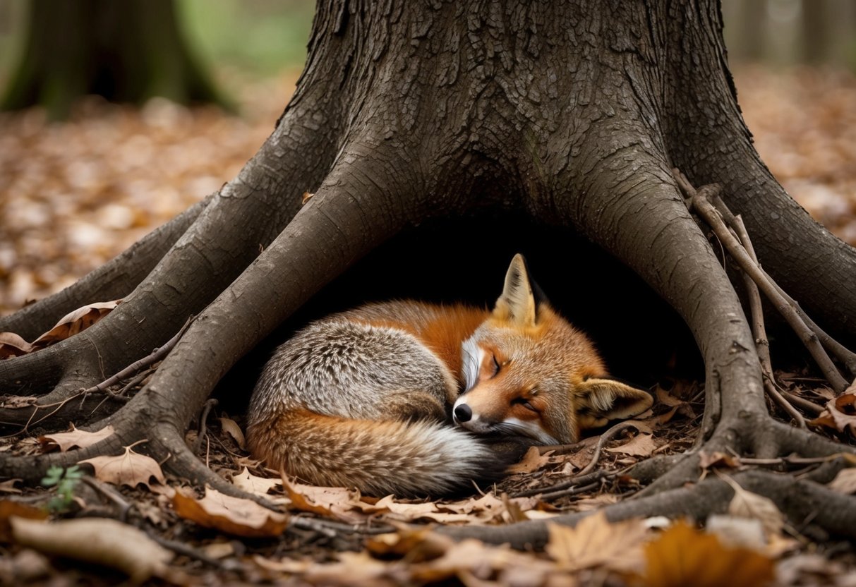 A fox curls up in a cozy den under the roots of a tree, nestled among fallen leaves and twigs