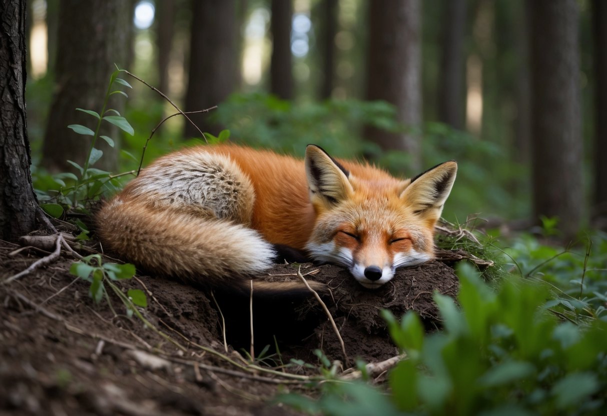 A red fox sleeps in a cozy den made of earth and vegetation, nestled within a dense forest