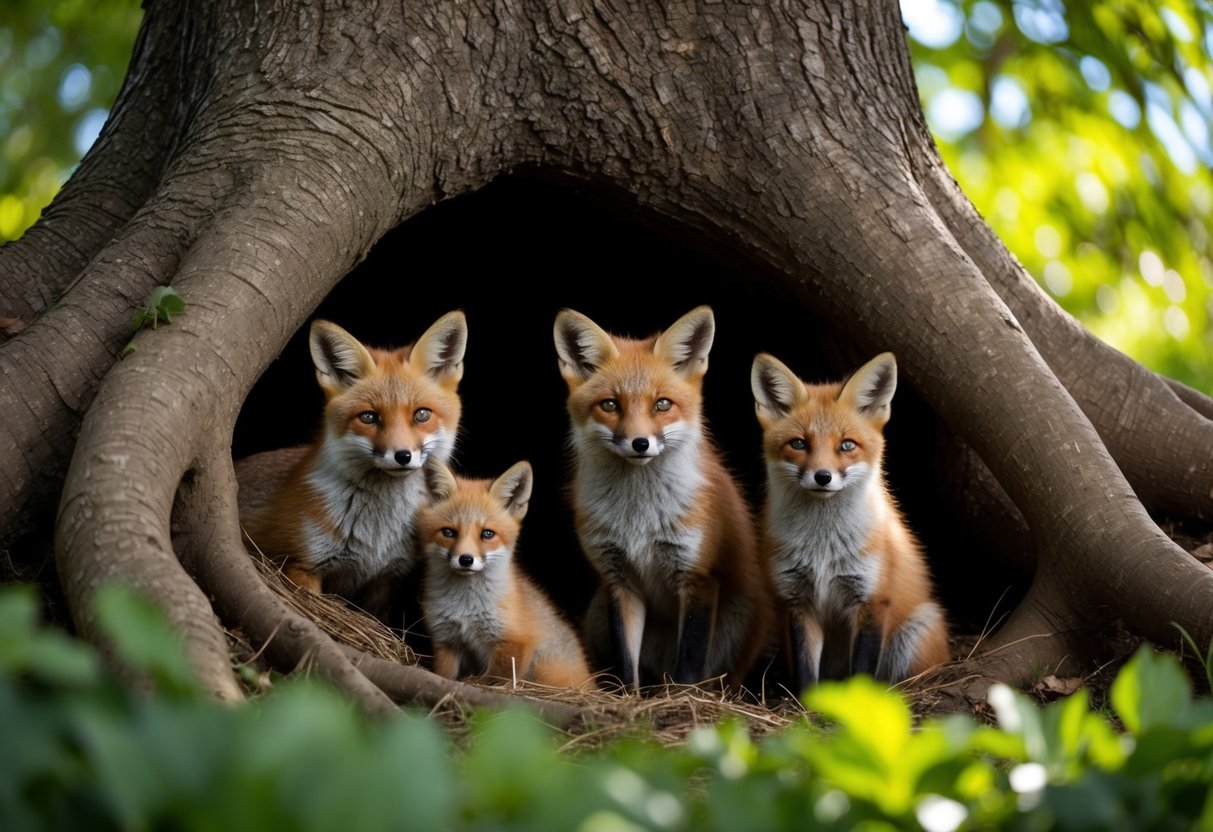 A family of foxes nestled in a cozy den beneath the roots of a large tree, surrounded by lush greenery and dappled sunlight