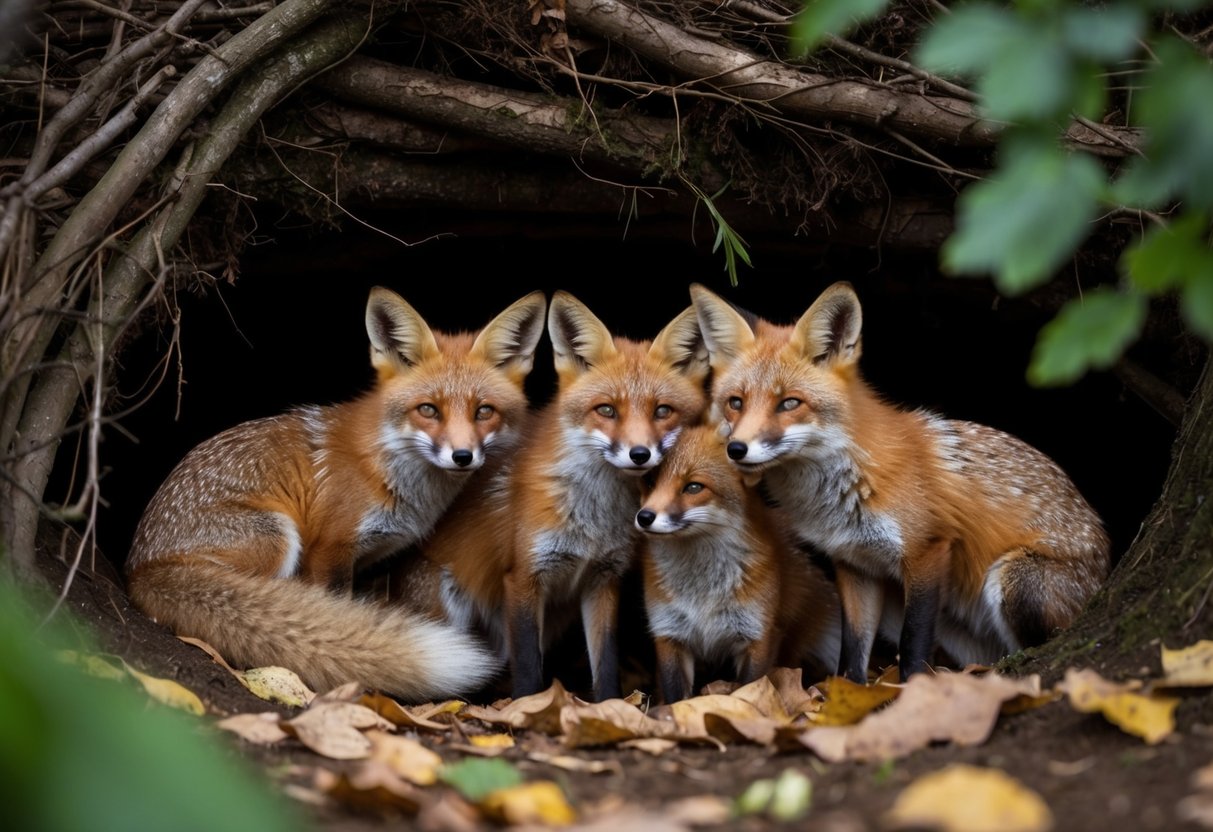 A group of foxes nestled together in a cozy den, surrounded by soft earth and fallen leaves, under the cover of a dense thicket