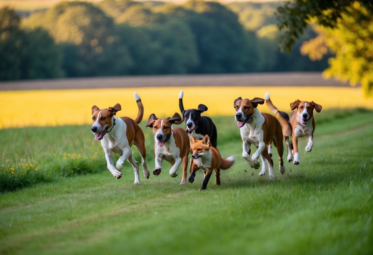 A pack of hounds chasing a fox through a lush, English countryside landscape