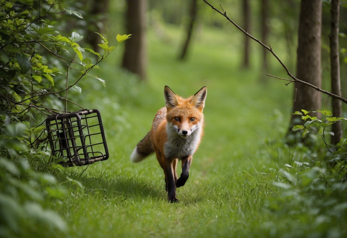 A fox running through a lush woodland, with a hunter's trap hidden among the foliage