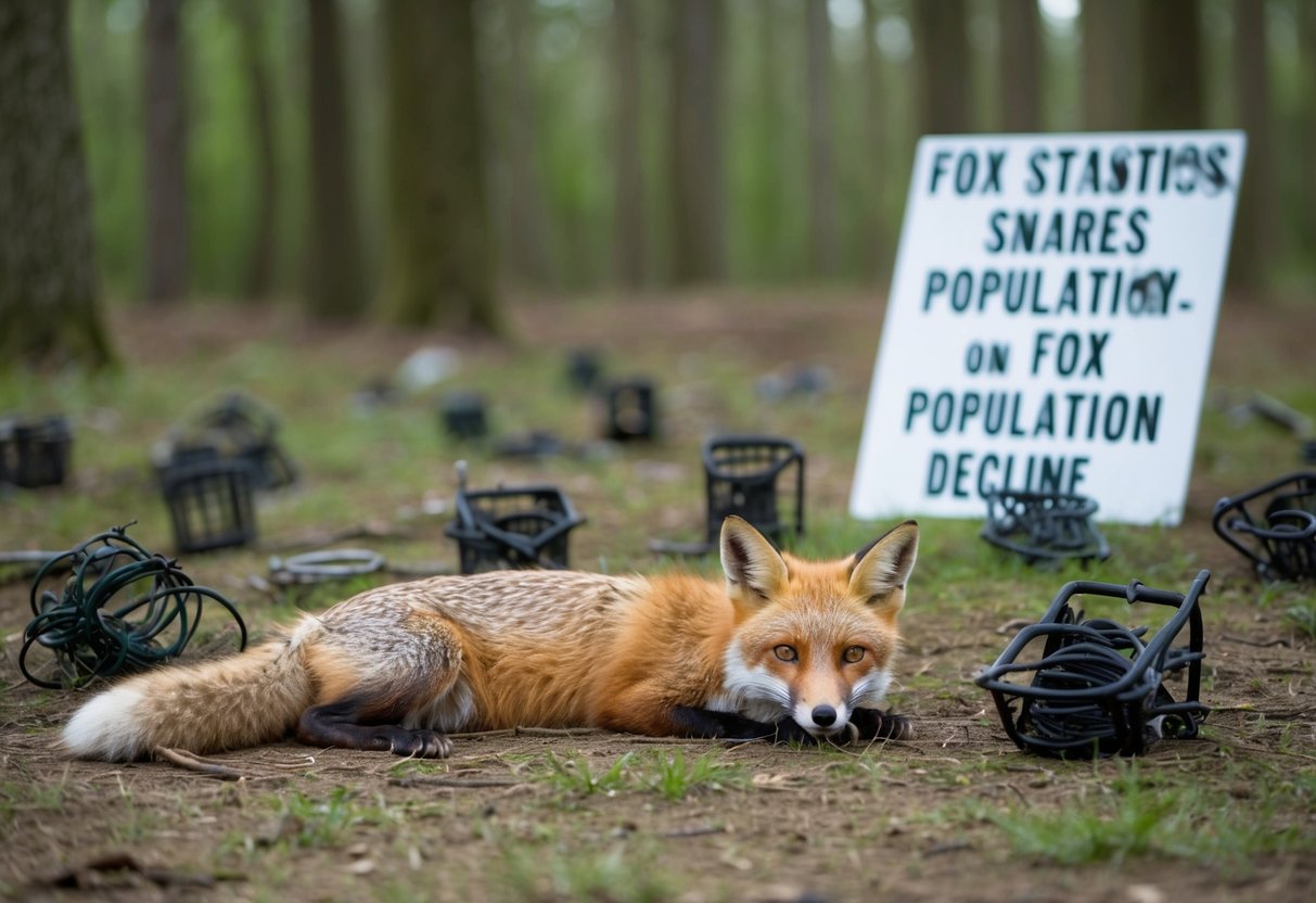 A fox lies motionless in a forest clearing, surrounded by scattered traps and snares. Nearby, a sign displays statistics on fox population decline