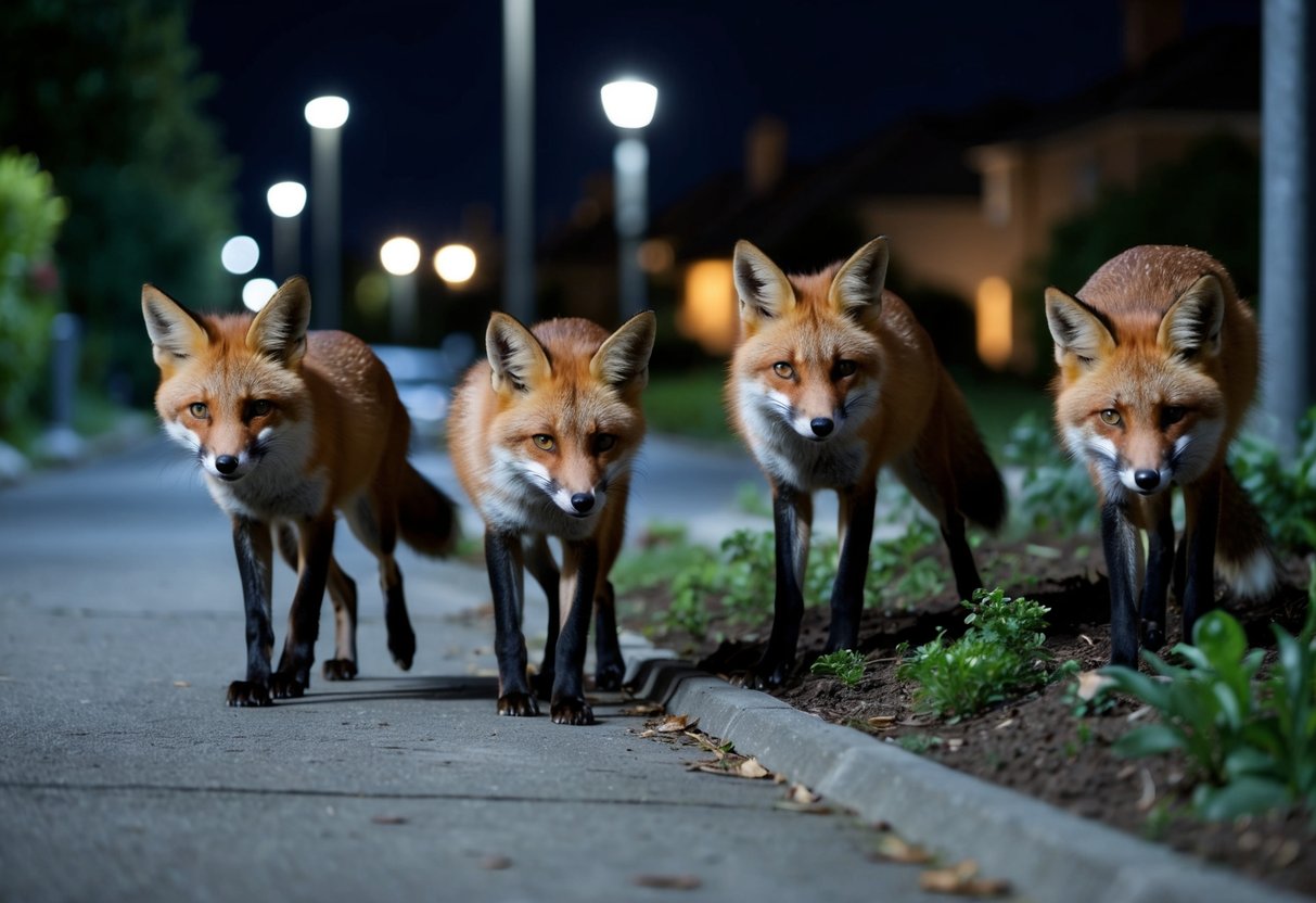 Several foxes roam through a suburban neighborhood at night, scavenging for food. They cautiously navigate through gardens and streets, their sleek bodies illuminated by the glow of streetlights