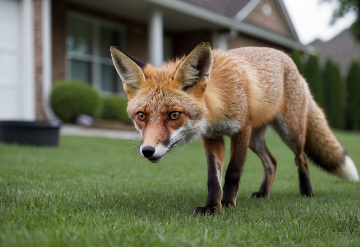 A fox cautiously approaches a suburban backyard, ears perked and eyes alert. The animal sniffs the air, searching for food or shelter near the house