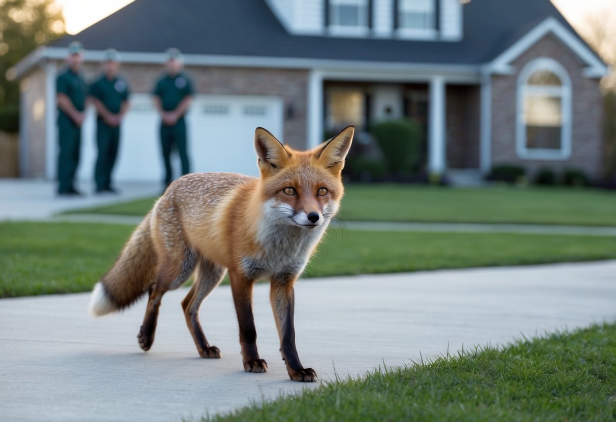 A fox cautiously approaches a suburban house, its ears perked and eyes alert. Wildlife professionals stand nearby, ready to intervene if necessary