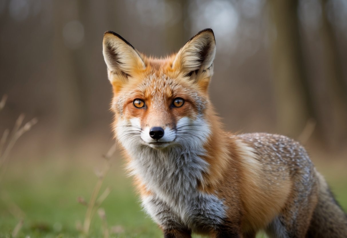 A fox stands alert, eyes locked onto the viewer, ears perked forward, tail held low