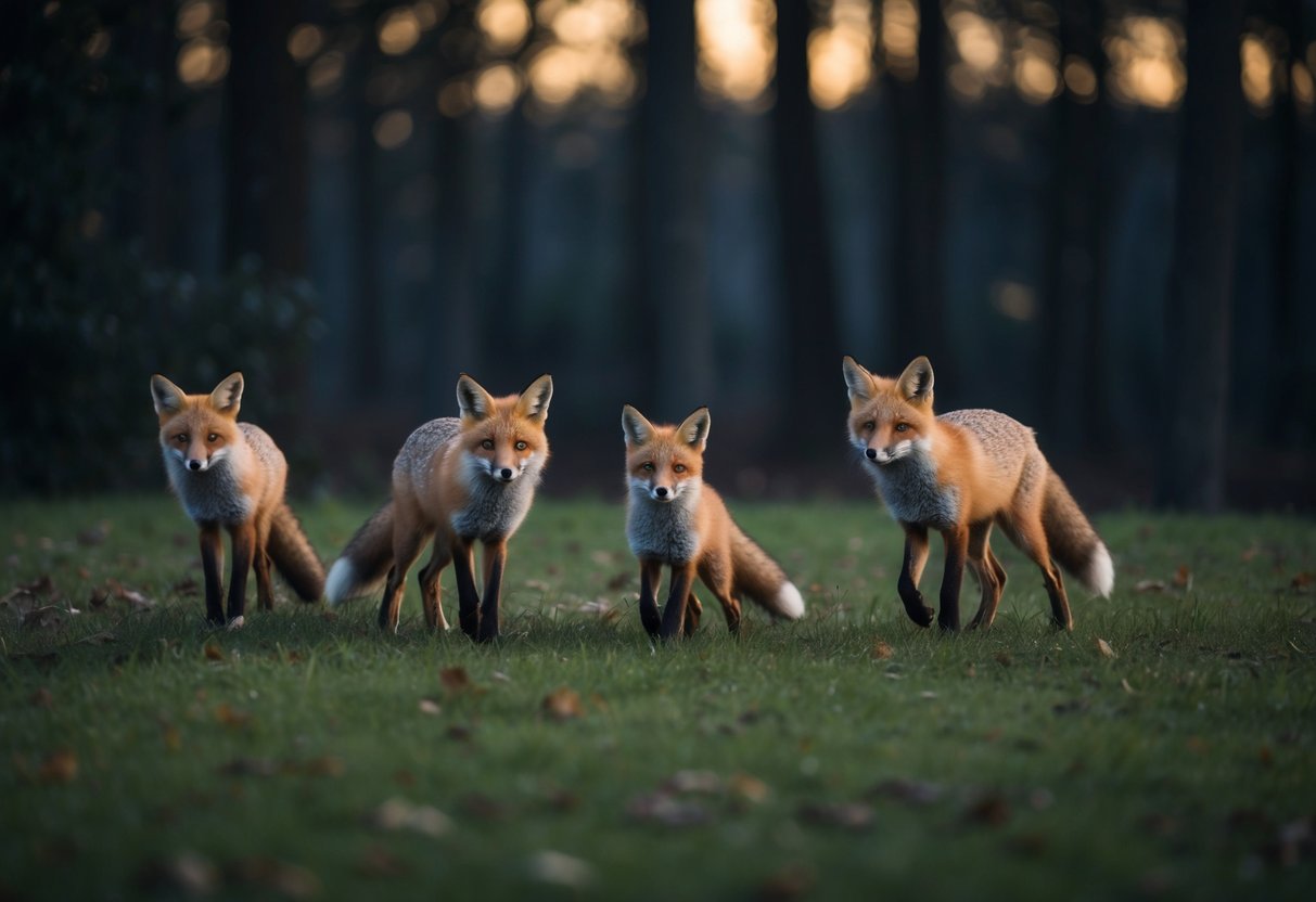 In October, a family of foxes roam through a forest at dusk, their silhouettes highlighted by the setting sun