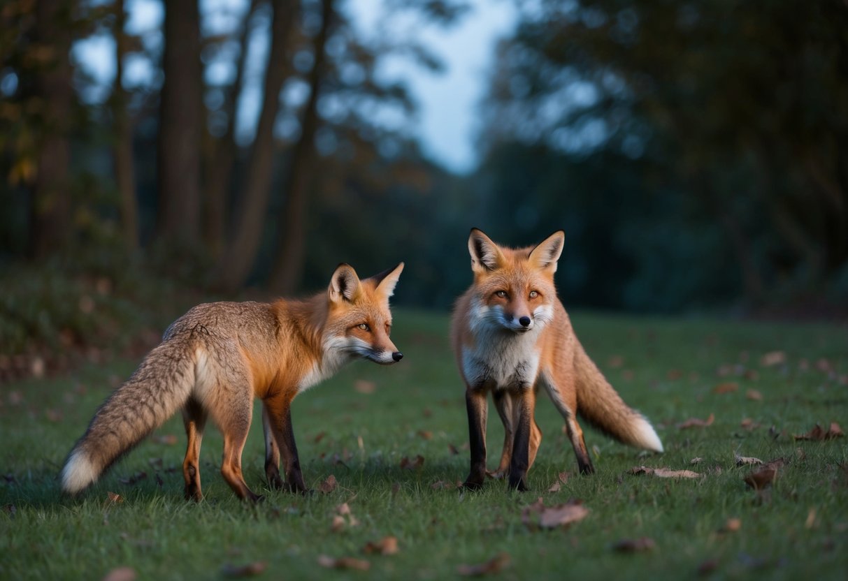 In October, foxes are most active at dusk, foraging for food and marking their territory in a wooded area