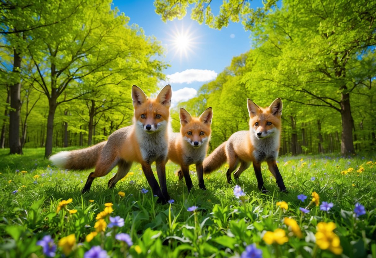 Foxes frolic in a lush, green forest under a bright, sunny sky. The trees are full of vibrant leaves, and the ground is covered in colorful flowers. It is the month of May