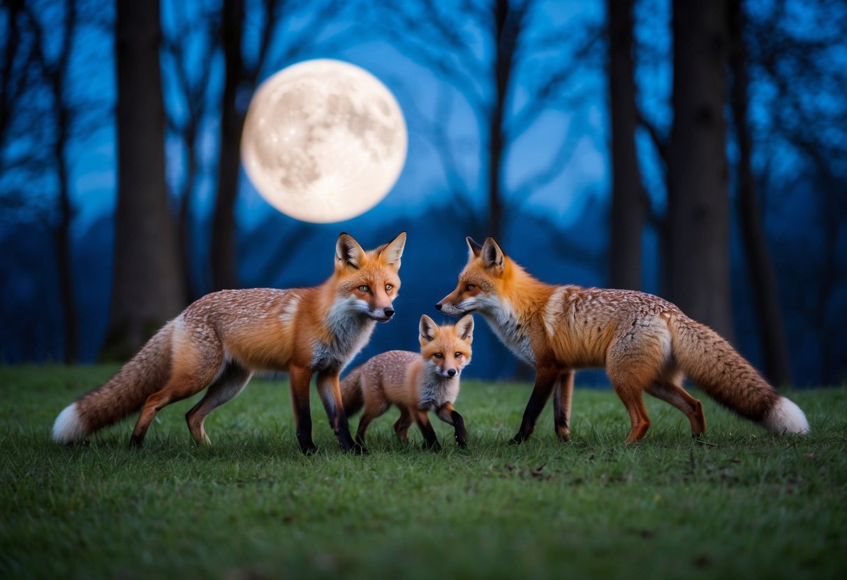 In the moonlit forest, a family of foxes roam and play together, their fur illuminated by the soft glow of the full moon
