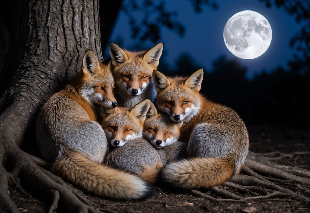 A family of foxes curl up together in a cozy den, nestled among the roots of a large tree, under the light of the moon
