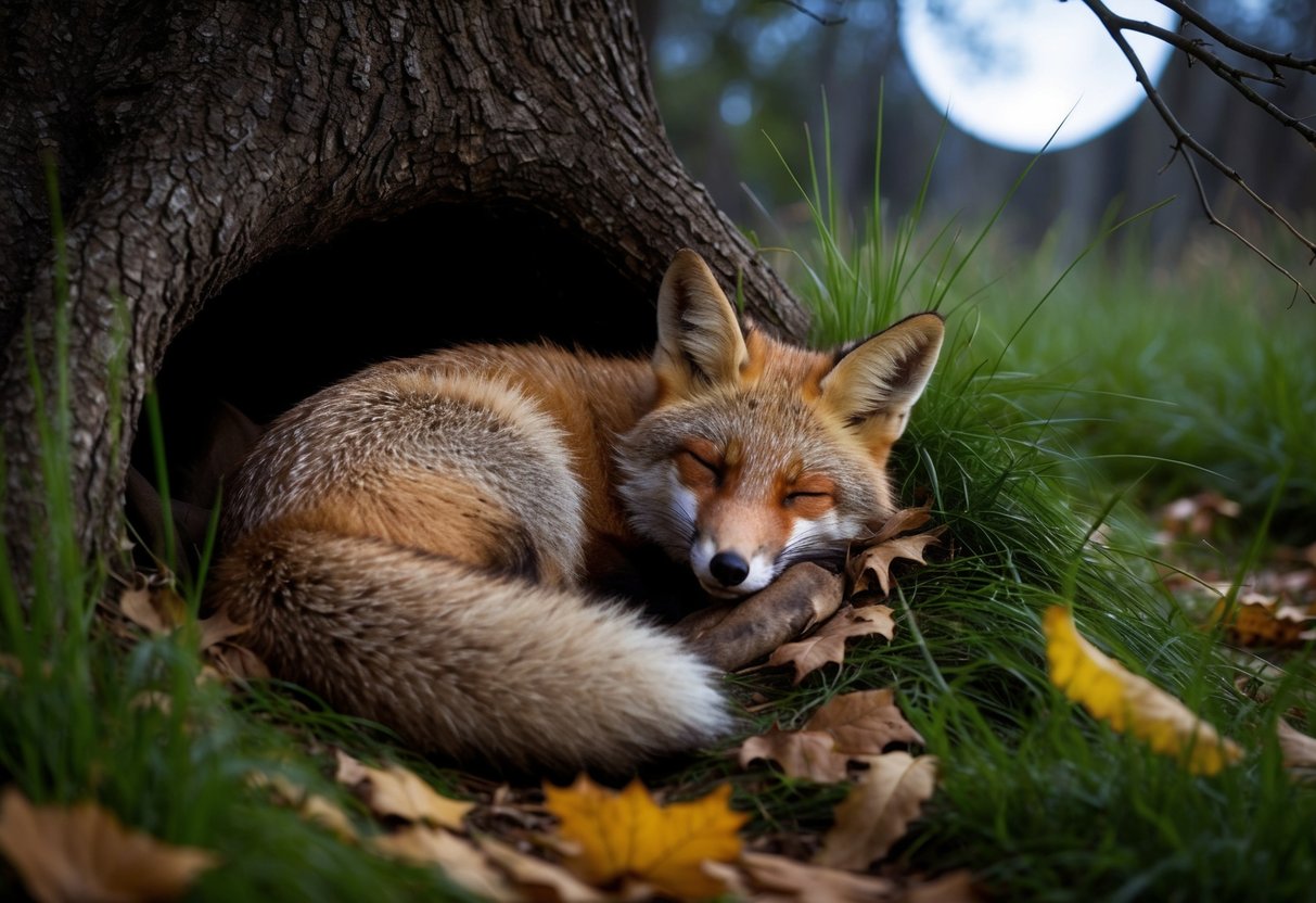 A fox curls up in a cozy den under a tree, surrounded by tall grass and fallen leaves. The moonlight filters through the branches, casting a soft glow on the sleeping animal