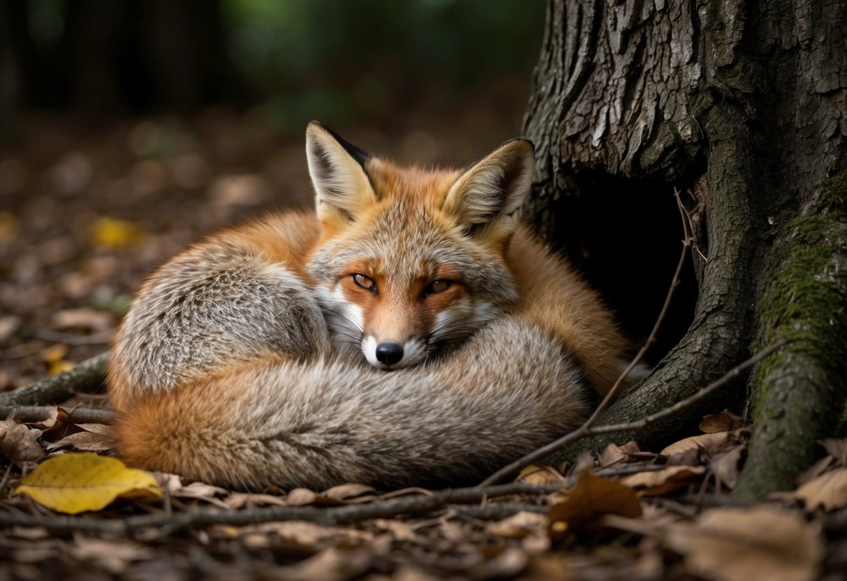 A fox curled up in a cozy den under a tree, surrounded by fallen leaves and twigs