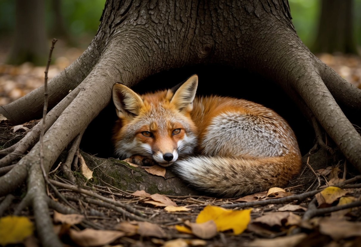 A fox curls up in a cozy den under the roots of a large tree, nestled among fallen leaves and twigs, its keen eyes scanning the surroundings for any signs of danger