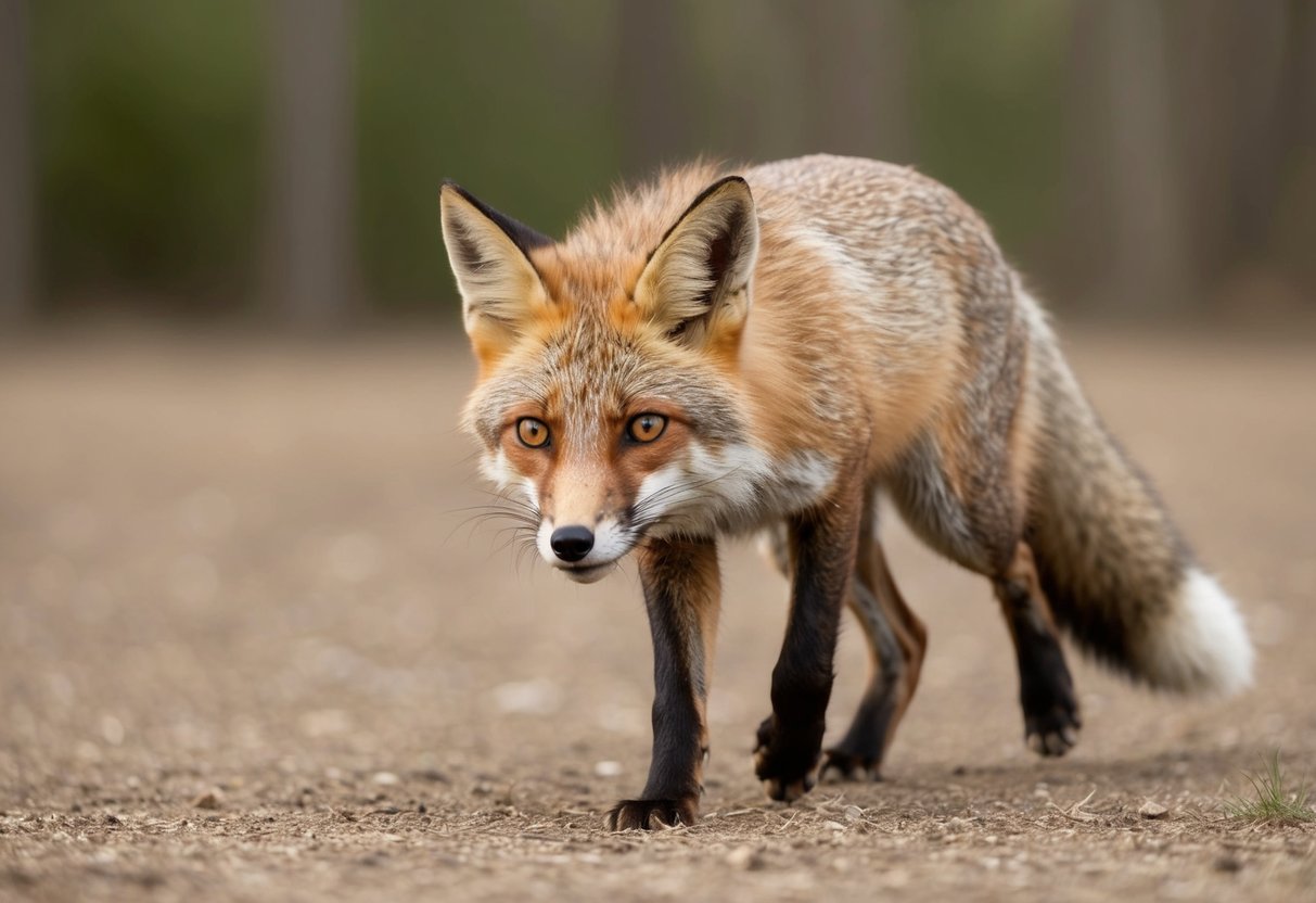 A wild fox cautiously approaches, ears alert, eyes focused. Its body language communicates curiosity and wariness