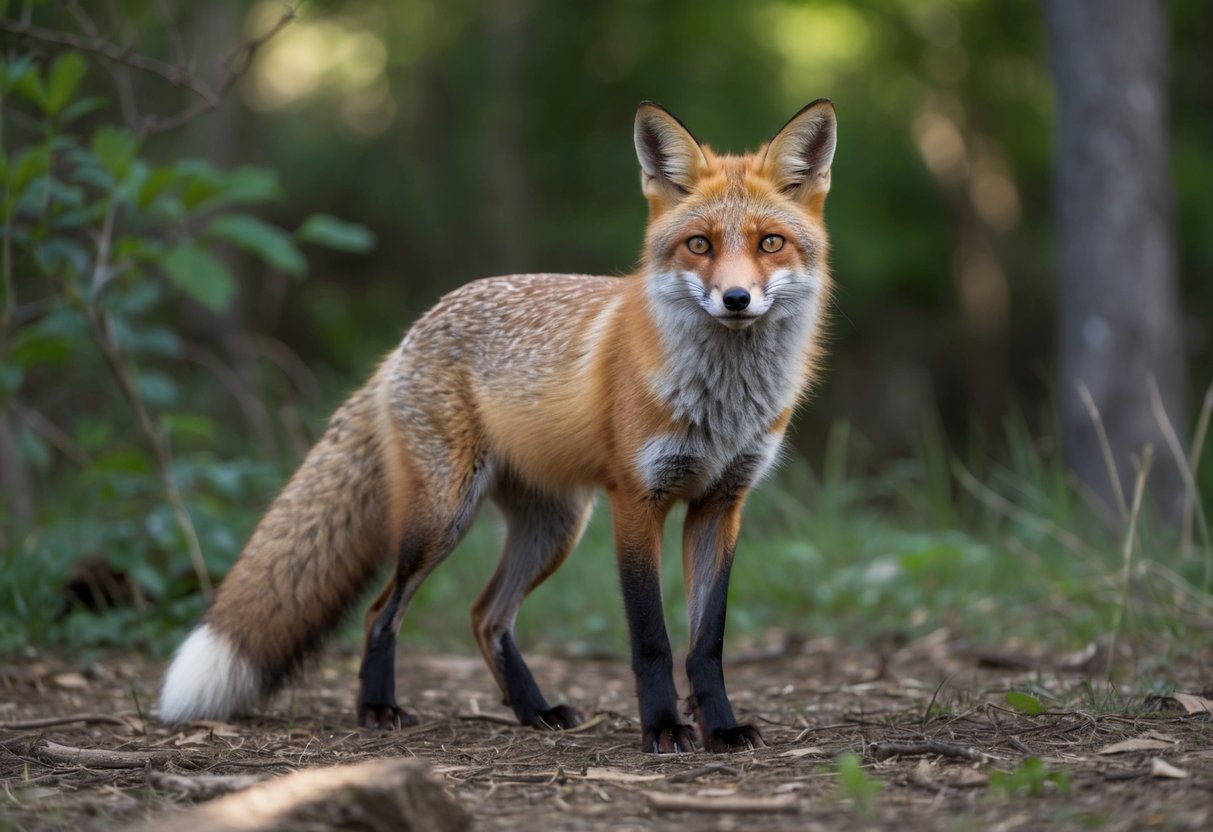 A wild fox stands alert in a forest clearing, its fur sleek and eyes focused. Surrounding foliage and wildlife hint at the natural setting