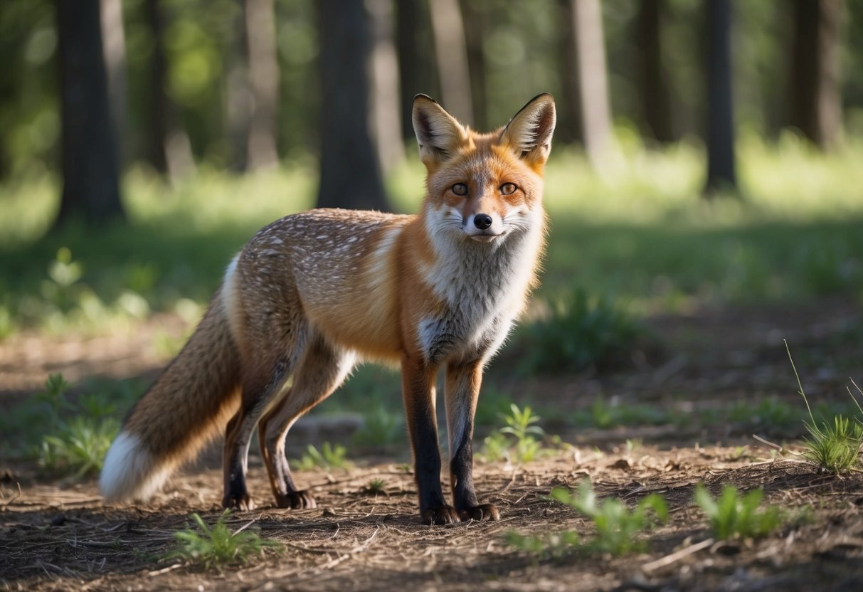 A fox stands alert in a forest clearing, ears perked and eyes focused. The surrounding area is peaceful and serene with dappled sunlight filtering through the trees