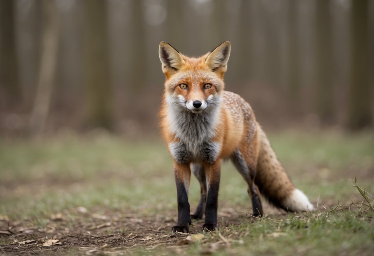 A fox stands alert in a woodland clearing, ears pricked and eyes focused. It cautiously sniffs the air, assessing the safety of its surroundings