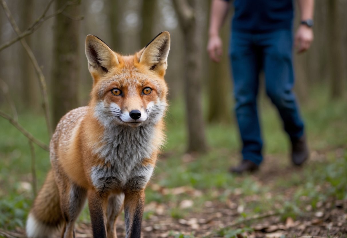 A fox standing alert in a wooded area, ears perked and eyes focused, with a cautious person walking past at a safe distance