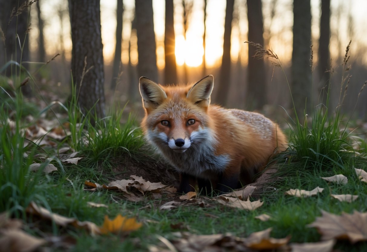 A fox den nestled in a wooded area, surrounded by tall grass and fallen leaves. The sun sets in the background, casting a warm glow over the scene