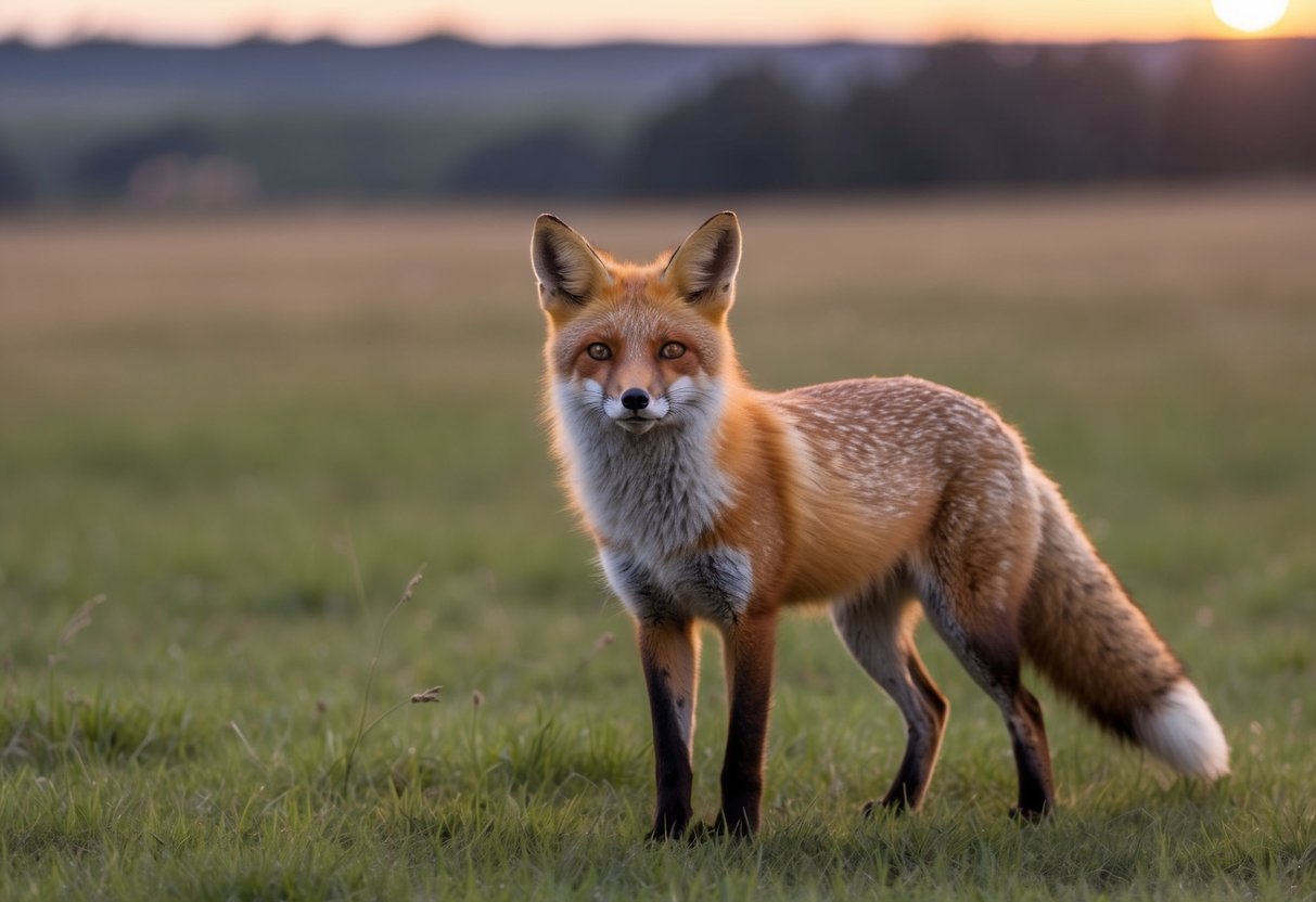 A fox stands alert in a grassy field, its ears perked up as it looks around. The sun sets in the background, casting a warm glow over the landscape