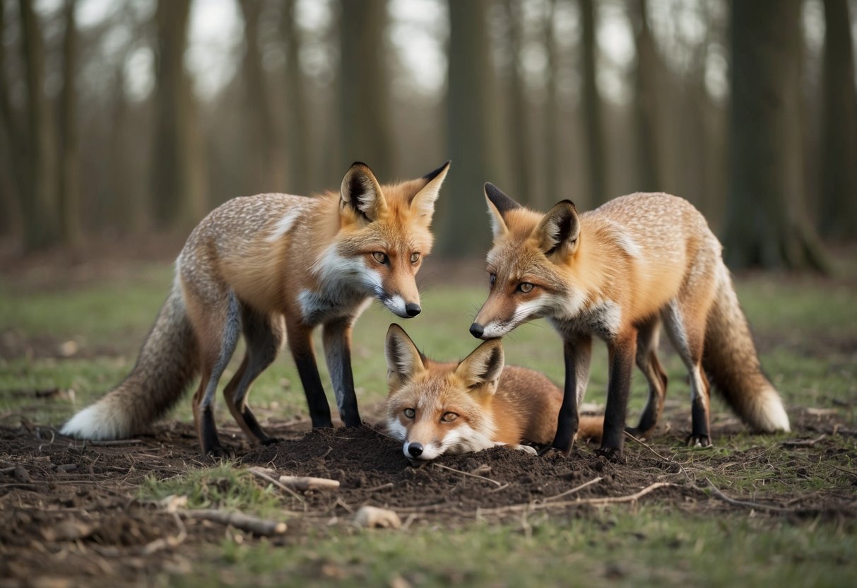 Two foxes bury a dead fox in a forest clearing