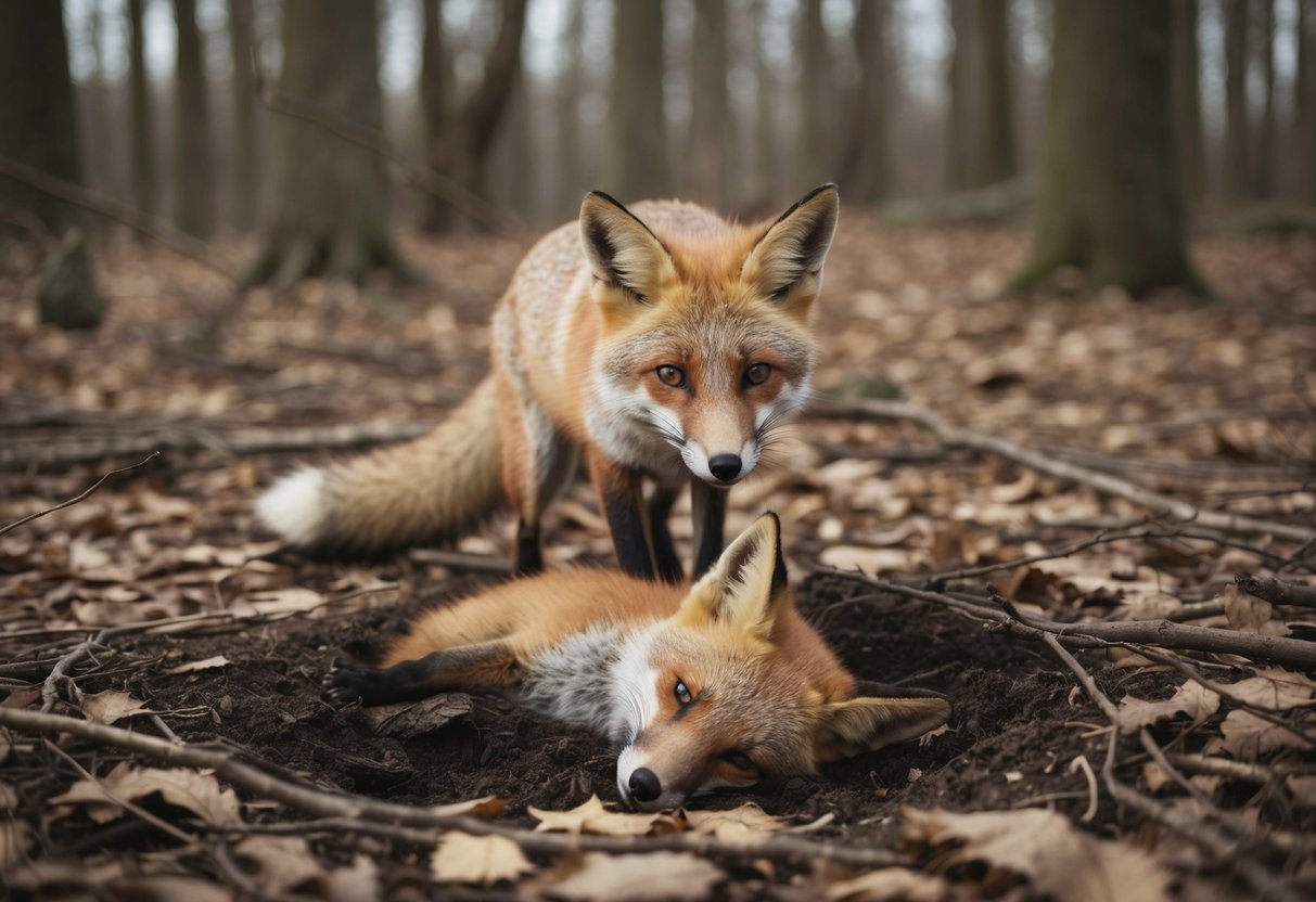 A fox buries a dead fox in a wooded area, surrounded by fallen leaves and twigs