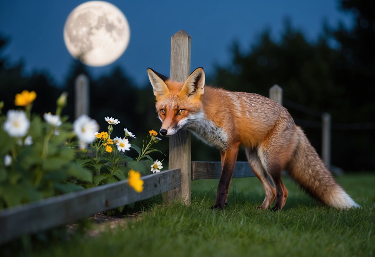 A red fox sneaks through the gap in the fence, pausing to sniff the flowers in the moonlit garden