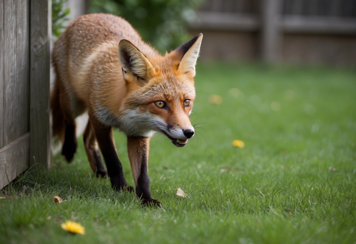 A fox sneaks through a gap in the fence, its ears perked and eyes alert as it cautiously explores the garden
