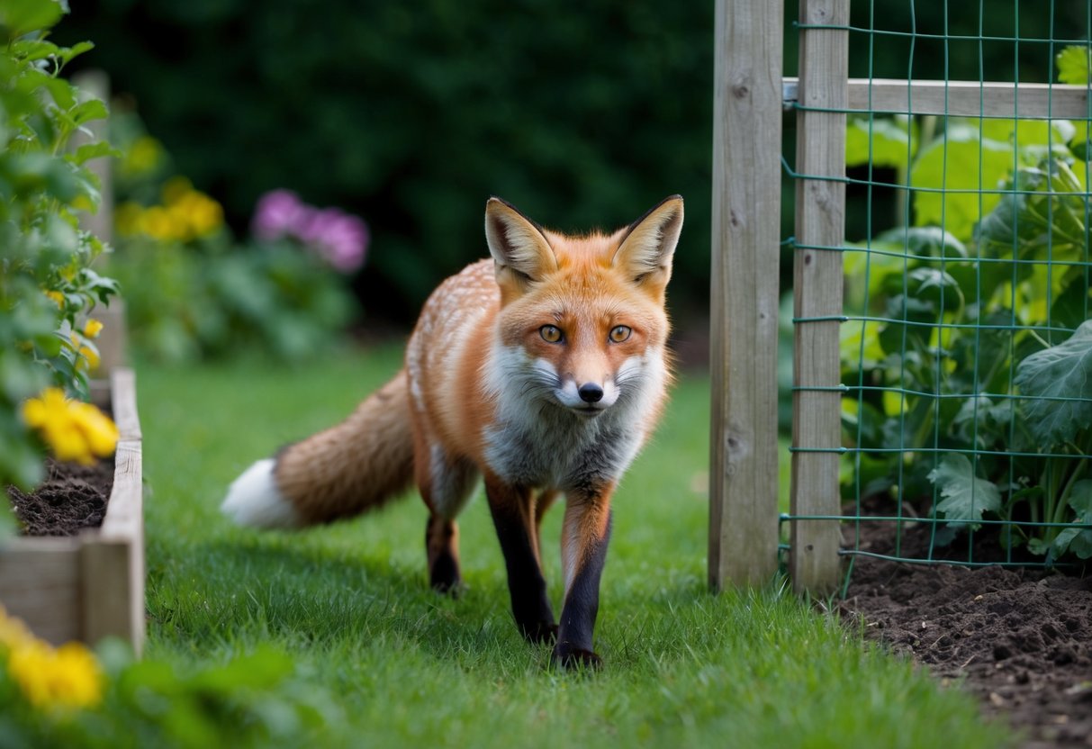 A fox sneaks through a gap in the garden fence, its eyes alert and ears perked up, as it searches for a way to access the vegetable patch