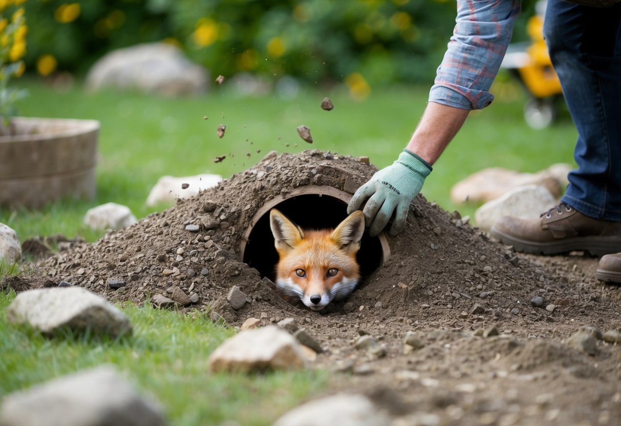 A gardener fills in a fox den with dirt and covers it with rocks