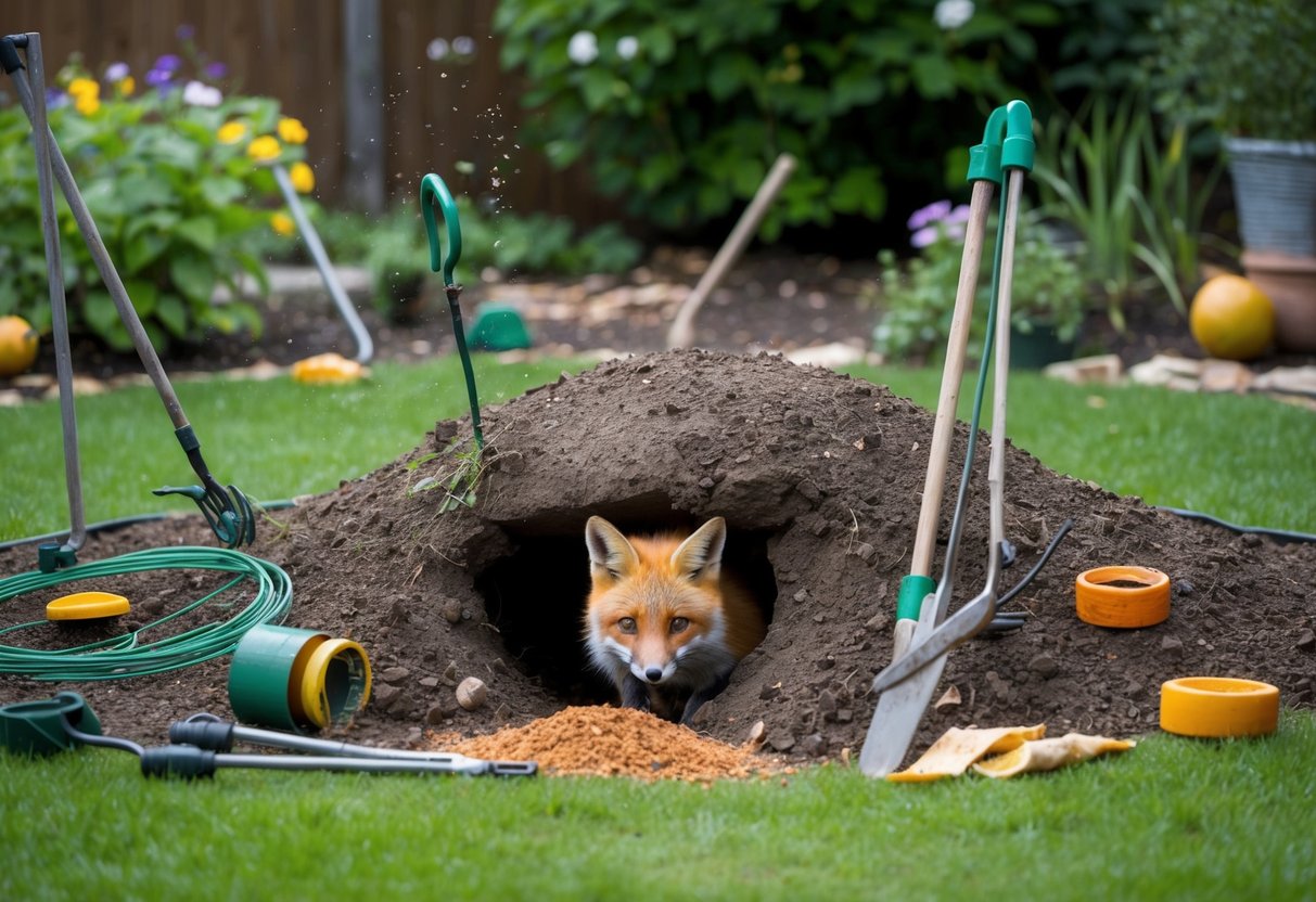A garden with a fox den dug into the earth, surrounded by scattered tools and deterrents such as fencing, motion-activated sprinklers, and natural repellents like citrus peels and chili powder
