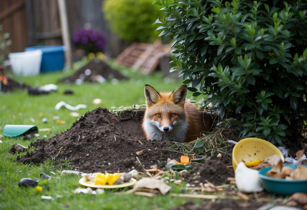 A garden with overturned soil and scattered debris, a fox den hidden beneath a bush, surrounded by discarded food scraps and remnants of previous meals